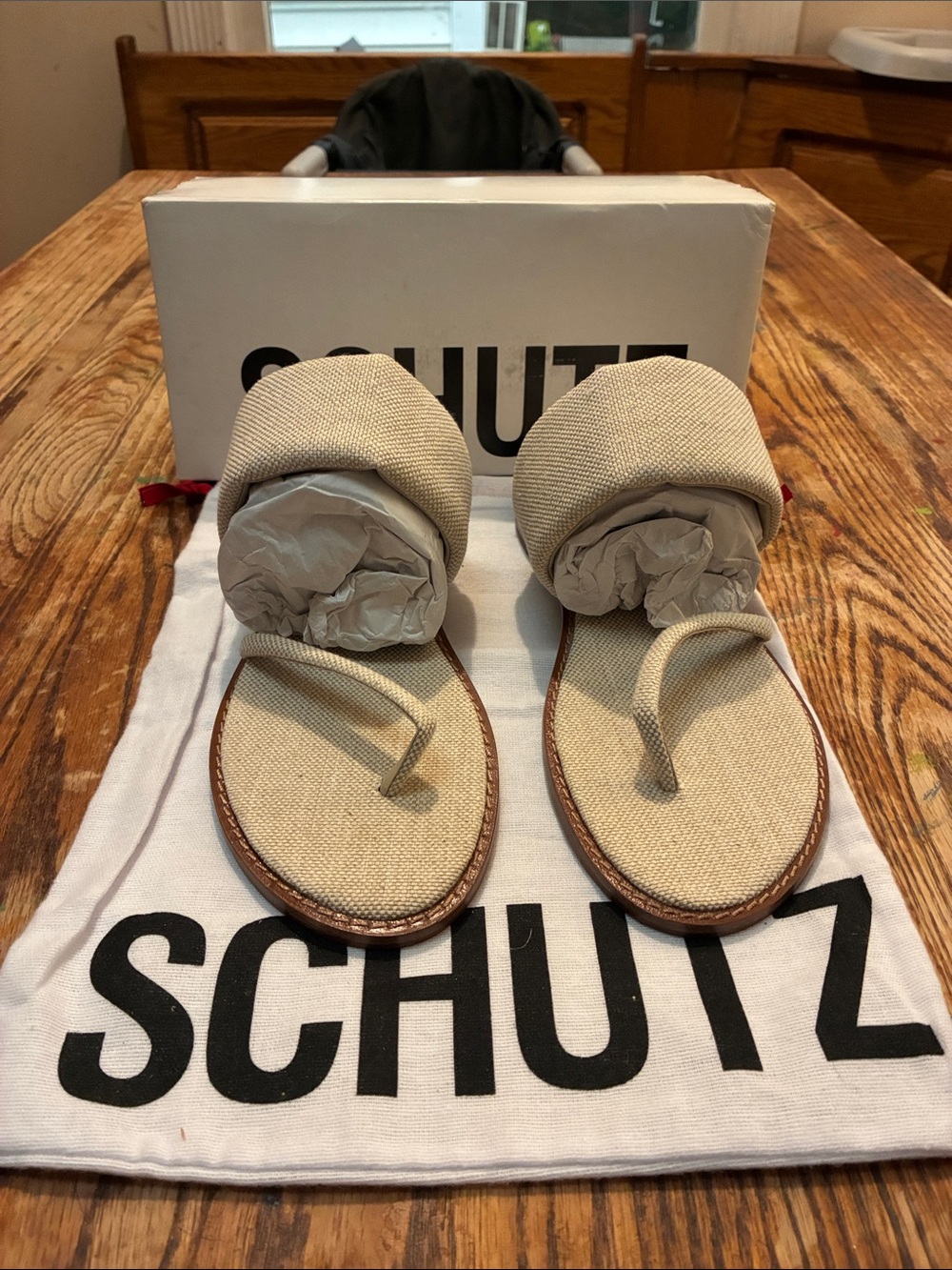 SCHUTZ Beige Canvas Slide Sandals with Toe-Post